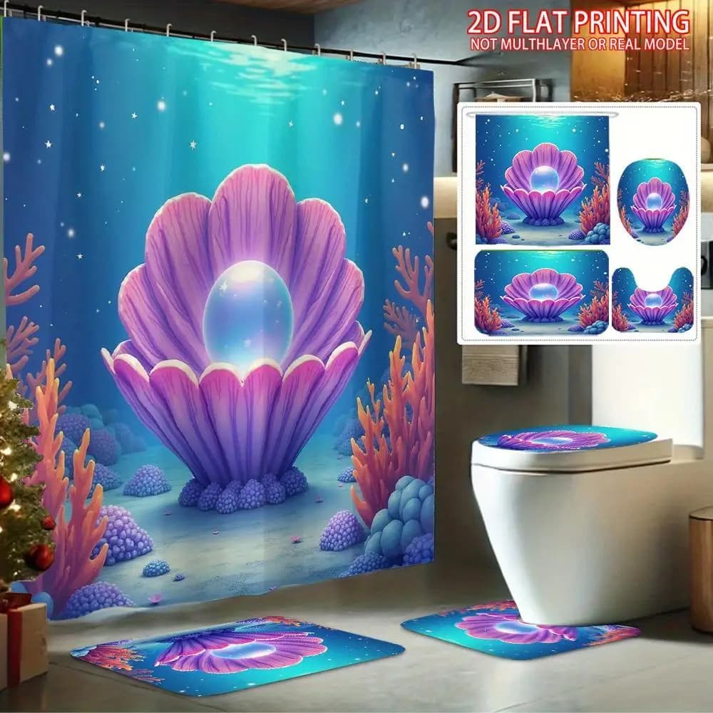 2D Flat, 2D Flat, 2D Flat 4pcs Dream Pearl in a Shell Printed Shower Curtain Set, Bathroom Decor Set Includes Shower Curtain, Non-Slip, Toilet Lid Cover, Bathroom, And 12 Plastic Hooks, Bathroom Additions, Holiday Decor, Gift, Home Decor