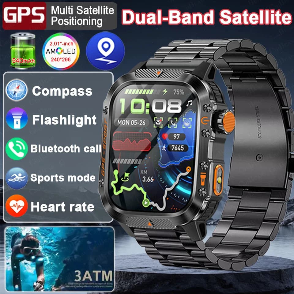 2026 NUOVO Smartwatch Militare GPS per Uomo con Chiamate BT, Torcia LED, Impermeabile 3ATM, Orologio Sportivo Intelligente per iOS e Android