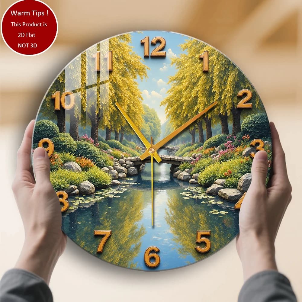 Tempered glass wall clock with golden trees, garden deck, suitable for wall decorations or table displays everywhere