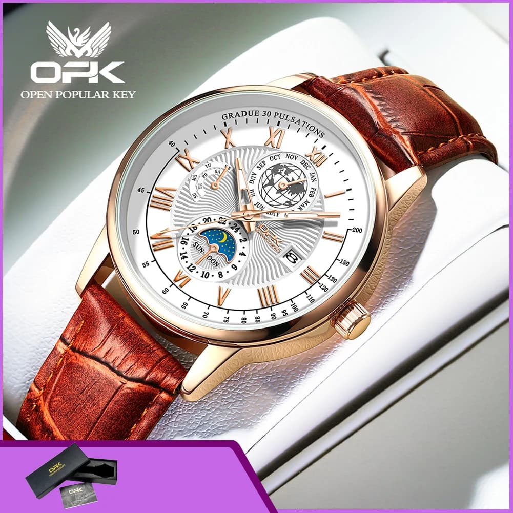 OPK 8153 Men's Business Watch Luminous Moon Phase Calendar Leather Strap Fashon Top Original Quartz Wristwatch for Man