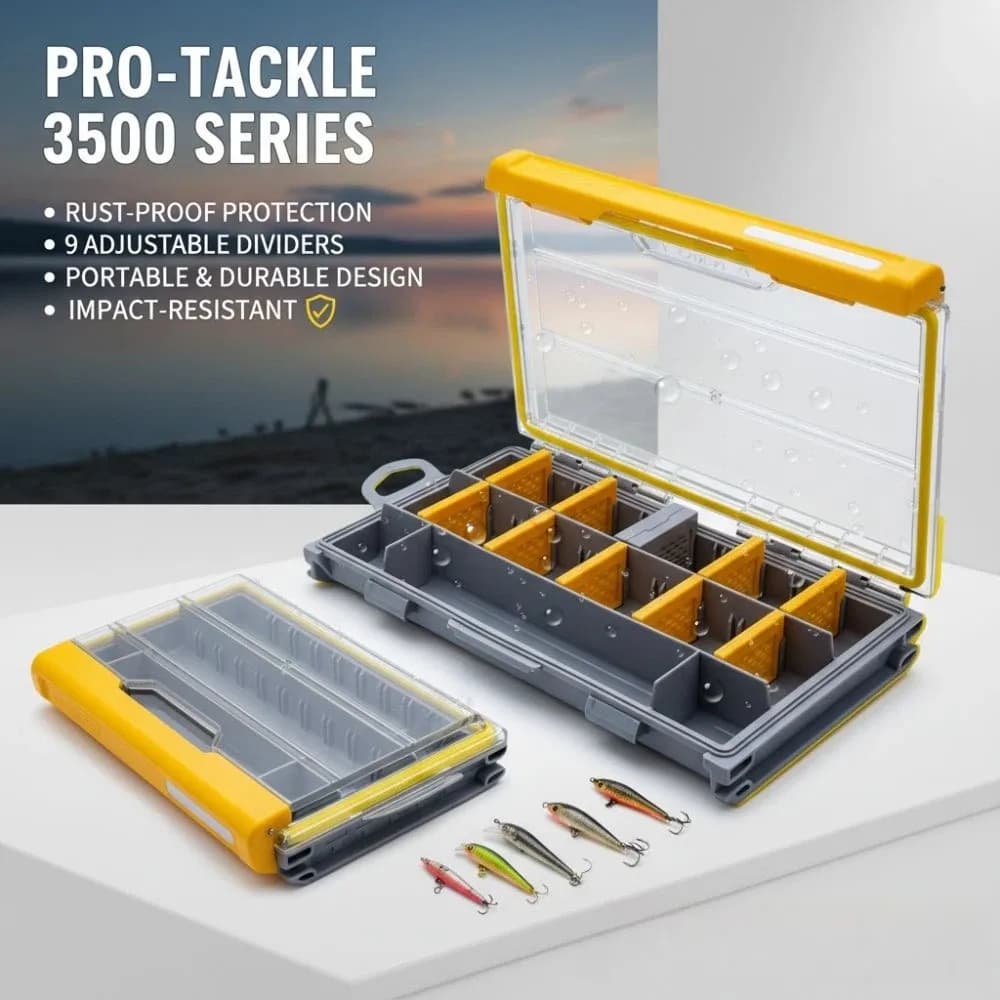 3500 Series Fishing Tackle Storage Boxes 9 Baffles Adjustable Baffle Fishing Tackle Organizer Drop Resistance Portable