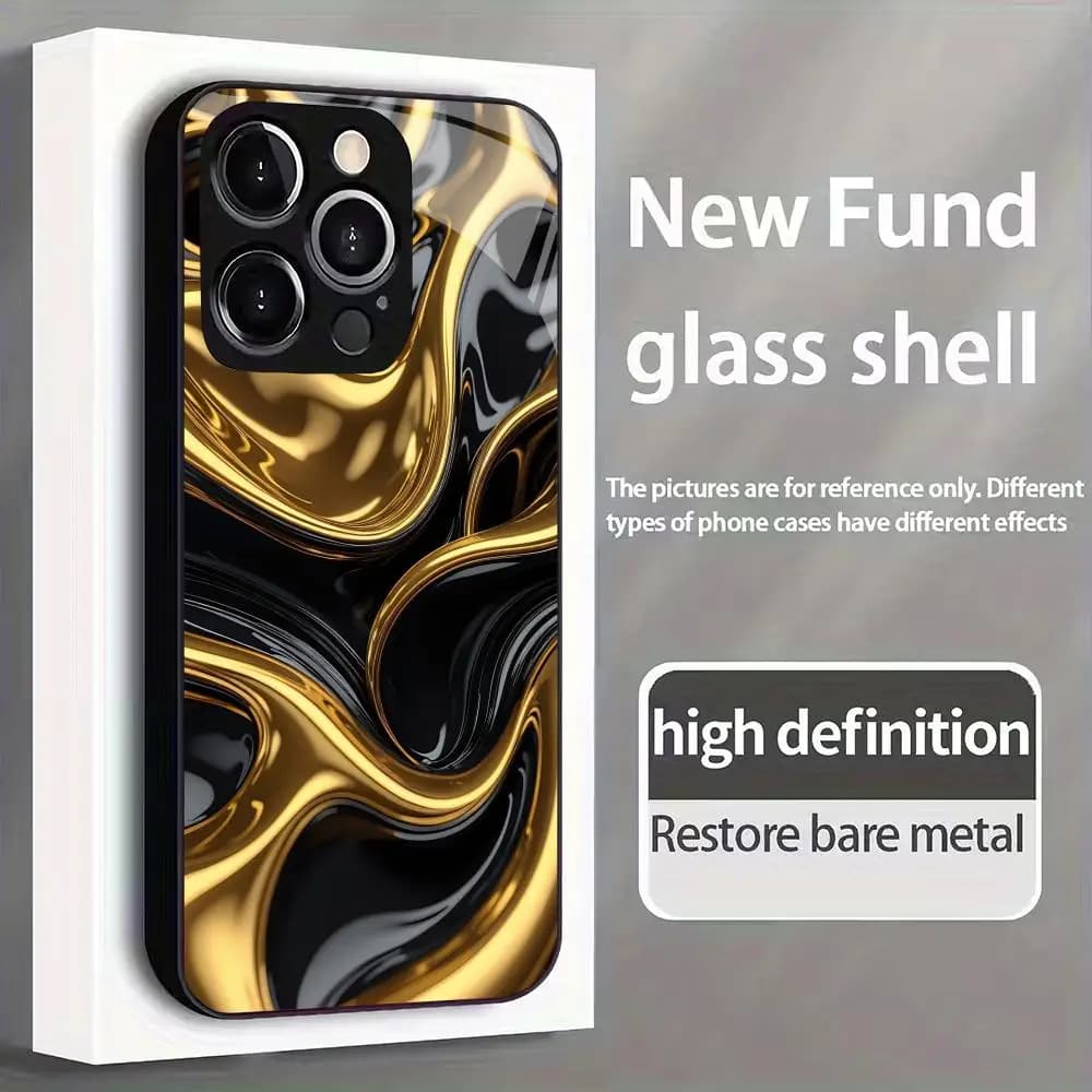 Gold texture pattern tempered glass phone case suitable for iPhone 17 16 15 14 13 12 11 Pro/Max/Plus shockproof back cover