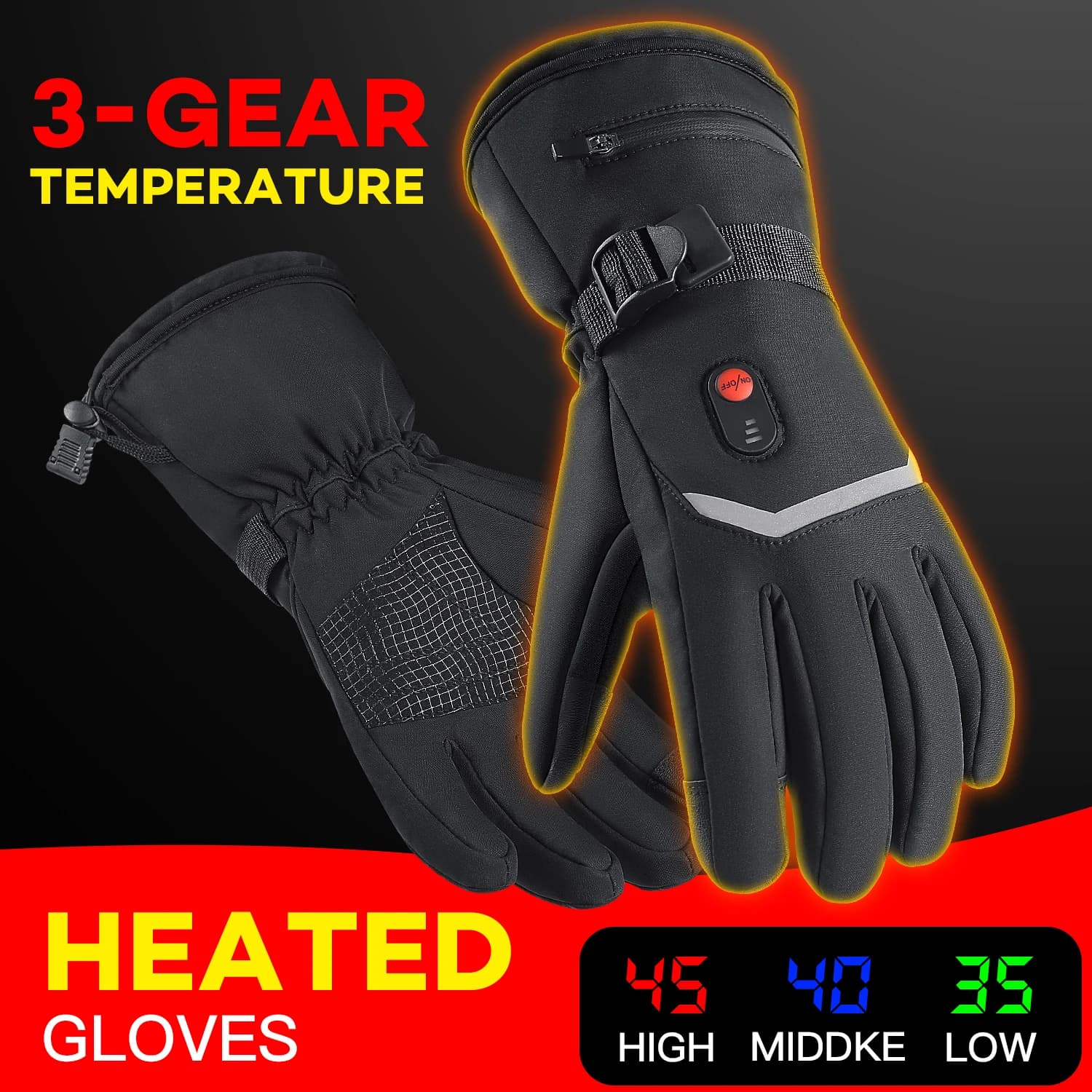 Guanti riscaldanti elettrici per sci invernale, regolabili a tre livelli, guanti da moto touch screen con cinturino impermeabile e