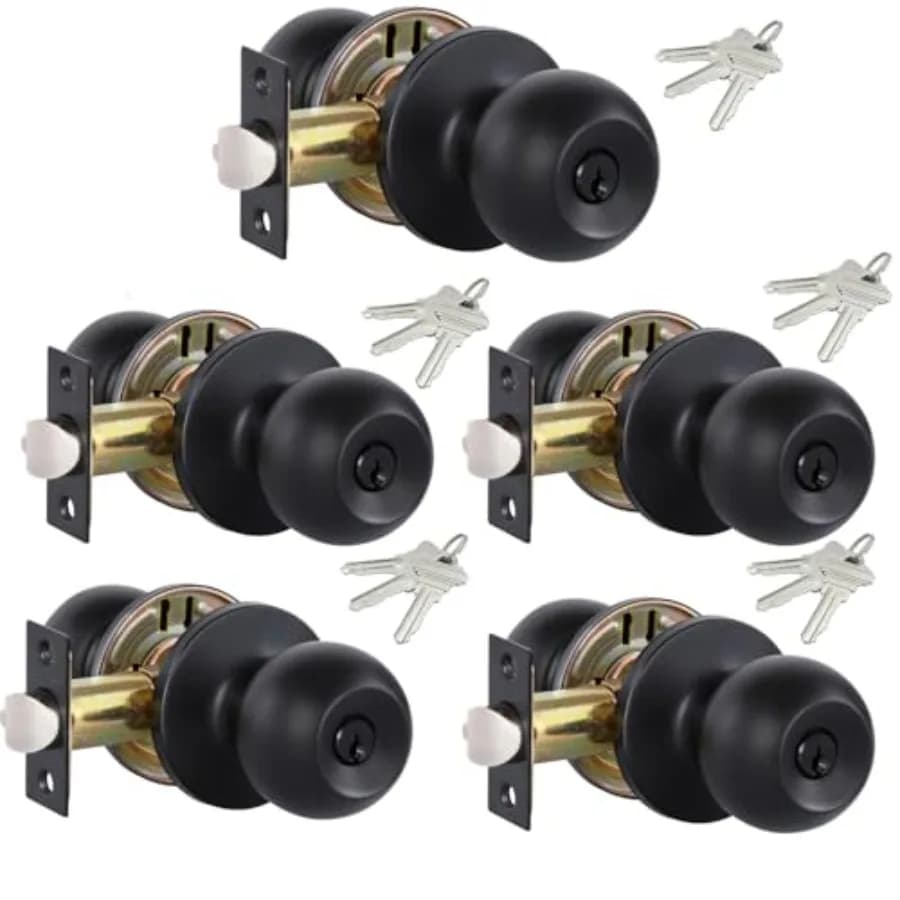 Set di 5 Maniglie Nere per Porte con Serratura e Chiavi Identiche, per Interni/Esterni, Ideali per Camera da Letto o Bagno