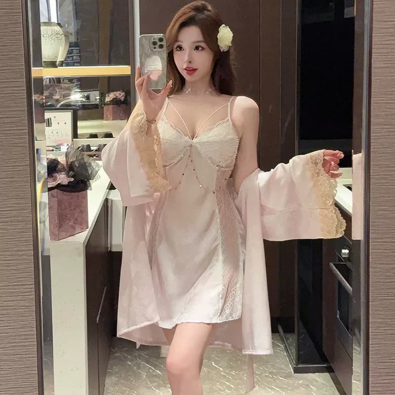 2025 Nuovo Set di vestaglia rosa Lady Accappatoio sexy Abito Backless Lingerie Camicia da notte Donna Raso Abbigliamento per la casa Camicia da notte estiva Pigiama