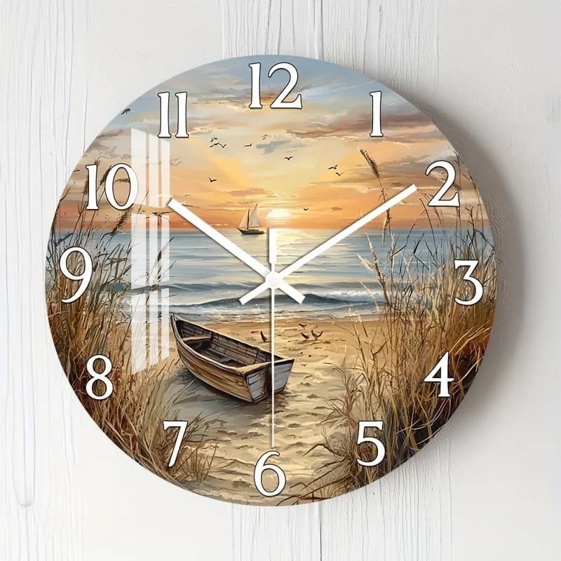 [2D Flat Wall Clock] 1pc 2D Flat Wall Clock Non-Ticking Wooden, Circular Clock HD Glossy Lamination Finish Serene Coastal Sunset with Boat Design for Bedroom, Dining Room, Entryway, Lounge, Reading Corner 10" 12" 14" 16" (No Battery), 2D Flat