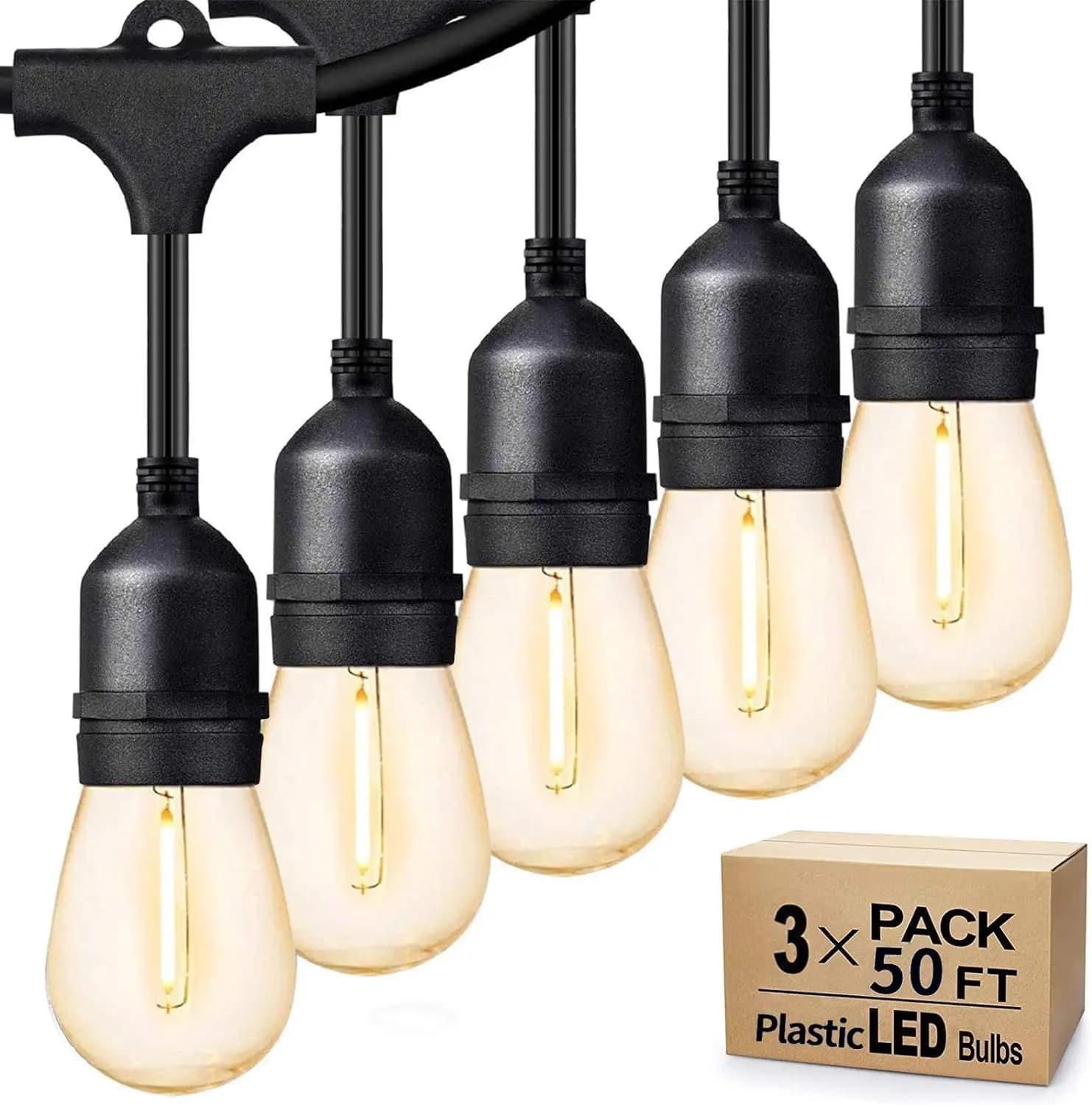 Luci a stringa da esterno da 45 m con 48 lampadine infrangibili, attacco E26, dimmerabili, luce bianca calda, impermeabili IP65 per patio (confezione da 3)