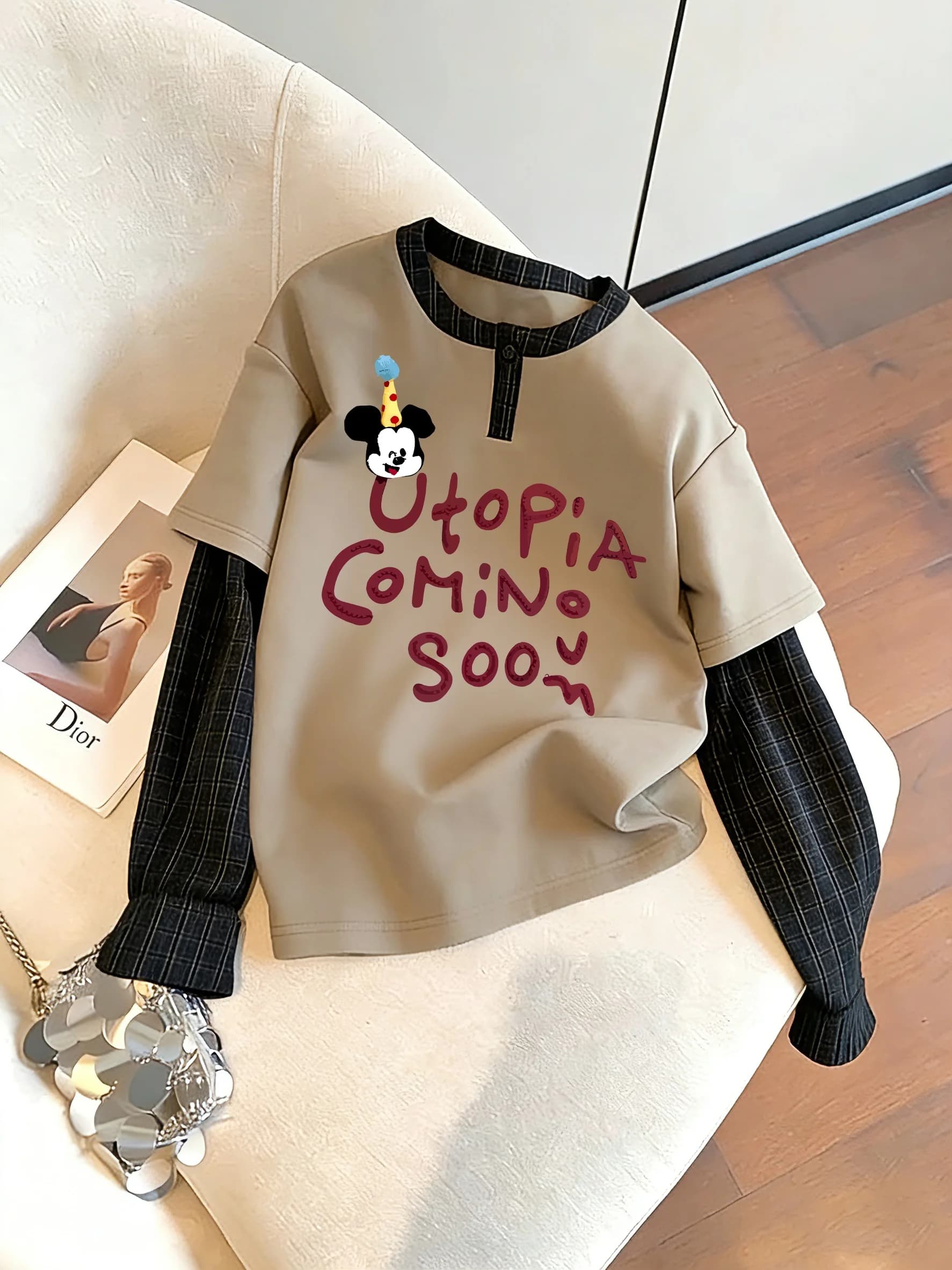 T-Shirt a Maniche Lunghe a Quadri Nera Unisex Primavera Autunno Stile Casual Creativo con Motivo Creativo Tessuto Unisex