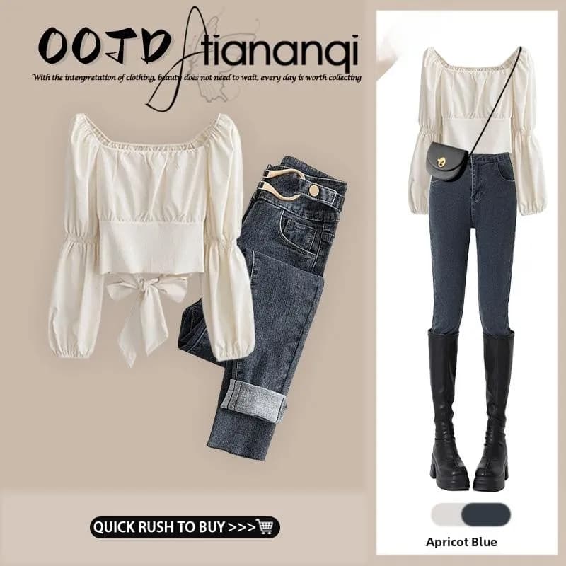 Completo in denim da donna slim fit a vita alta, nuovo stile 2026, con camicia a collo quadrato e jeans a maniche lunghe, alla moda, due pezzi