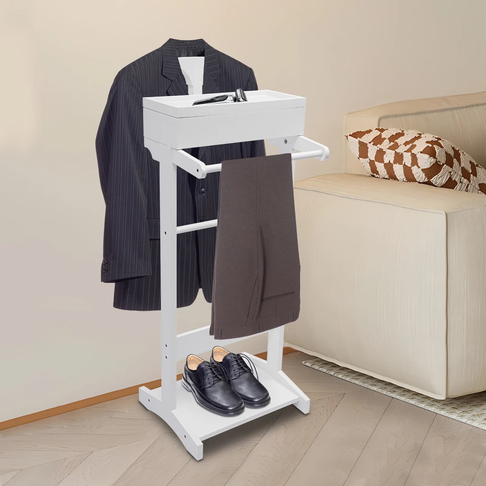 White wooden hanger with storage shelf, separate bedroom hangers organizer, portable wardrobe stand for wardrobe