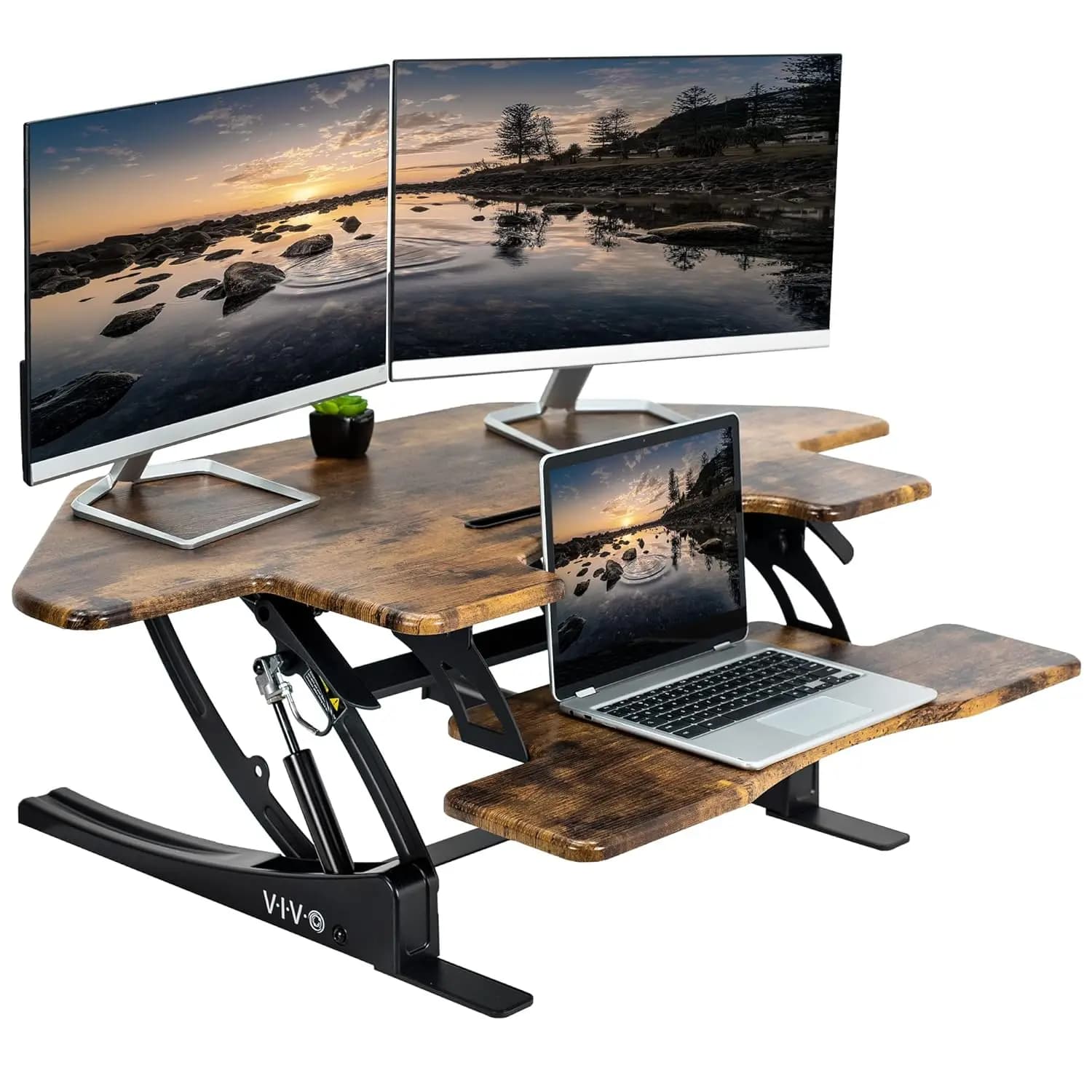 Convertitore per Scrivania Angolare Regolabile in Altezza 43 Pollici, Postazione di Lavoro con Supporto per Doppio Monitor, Marrone, Personalizzabile
