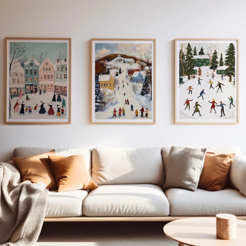 Winter Wall Art Set of 3 Christmas Village Cozy Season Ice Skating Print Room Decor Winter Wall Art Christmas Decor Gift Poster