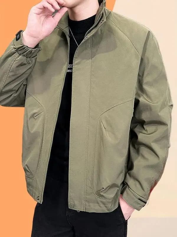 Giacca da uomo slim fit in cotone con colletto rialzato, leggera, primaverile/autunnale, trendy, casual, stile coreano, in fibra di poliestere