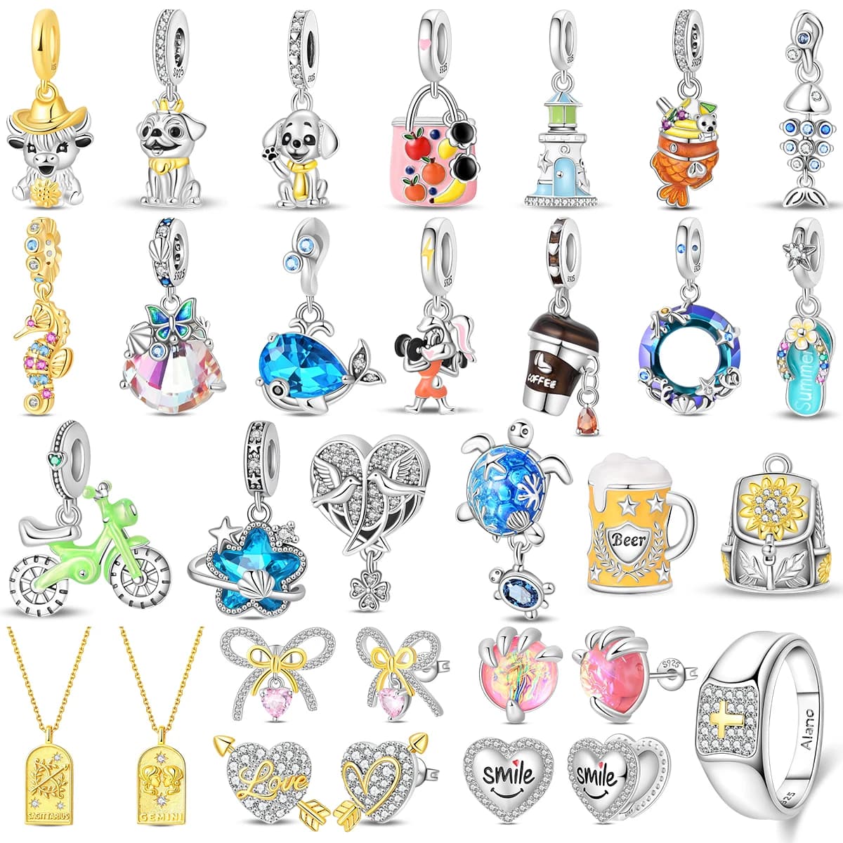 2026 925 Silver Plate Pendent Bead Bull Bulldo Seahorse Dolphin Beer Mug Bicycle Sagittarius Charm Earrings Necklace DIY Jewelry