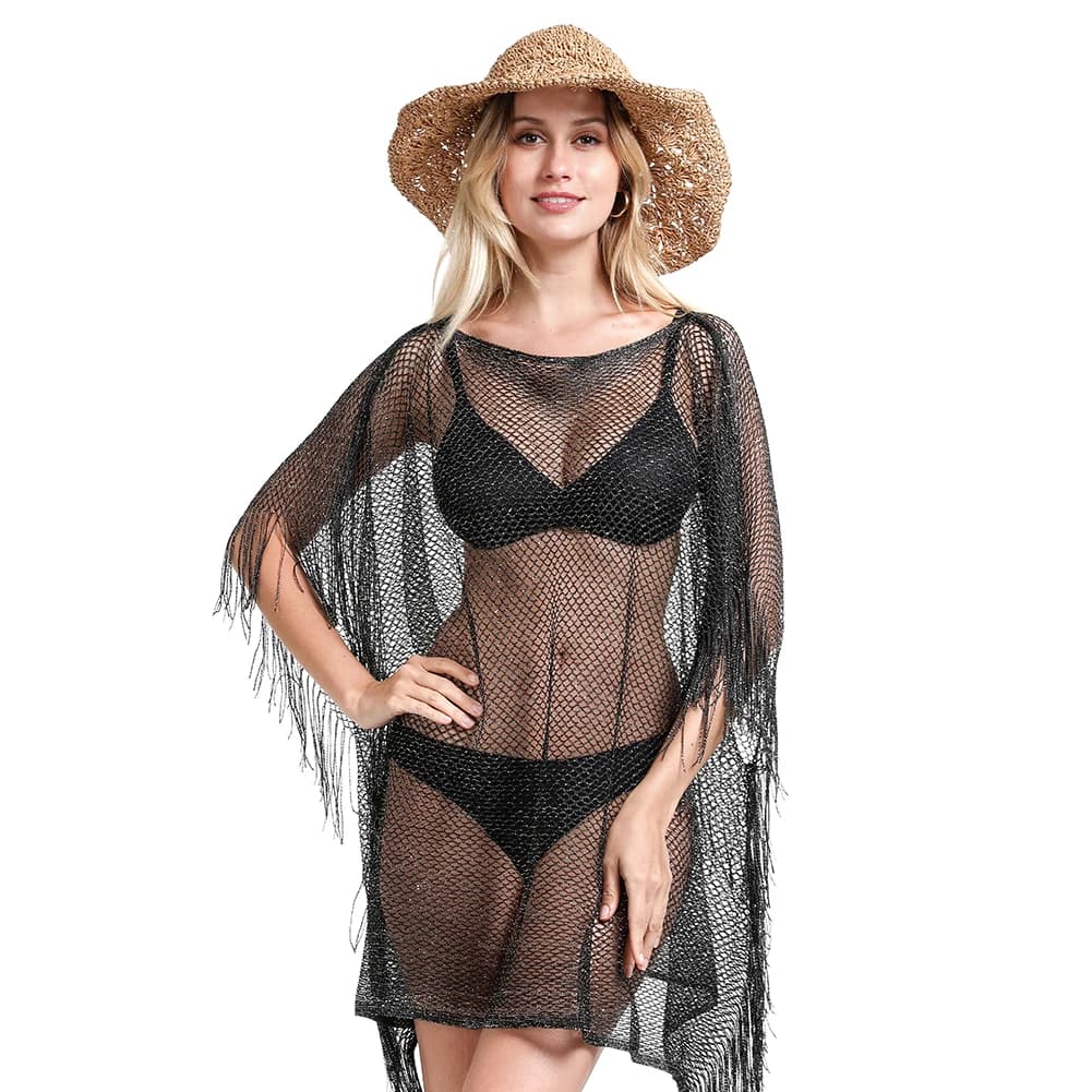 la ceida Copricostume da donna per spiaggia, piscina, scintillante, glitter, costume da bagno in rete all'uncinetto, abito all'uncinetto
