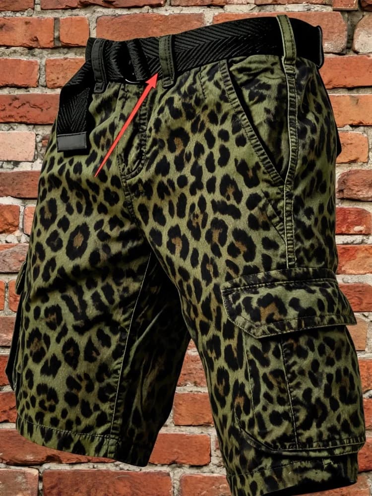Mens Leopard Print Cargo Shorts Summer Loose Fit Multi Pockets Elastic Waist Workwear Shorts with Belt Streetwear