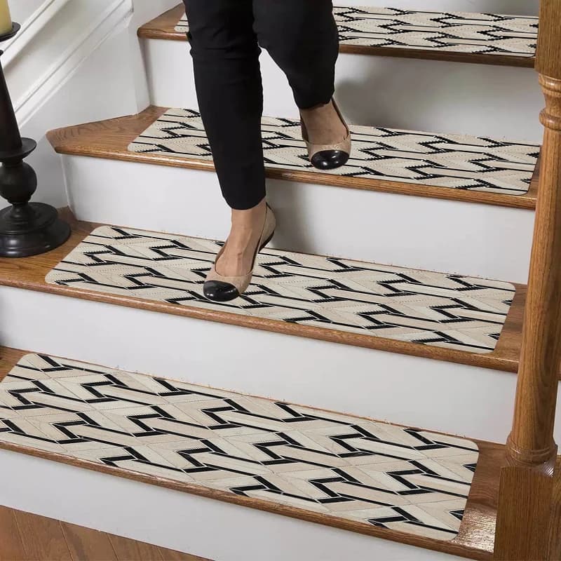 4PC 7PC 15PC Black White Geometric Stair Treads Non Slip Stair Pads Washable Indoor Wooden Step Carpet Rug