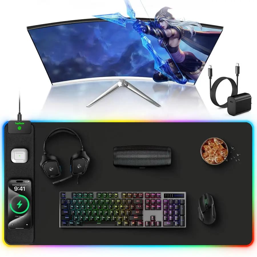 Mouse mat with wireless charging, RGB mouse mat, desk mat for home and office, XXL desk mat large 31.5 x 15.8, waterproof keyboard mat