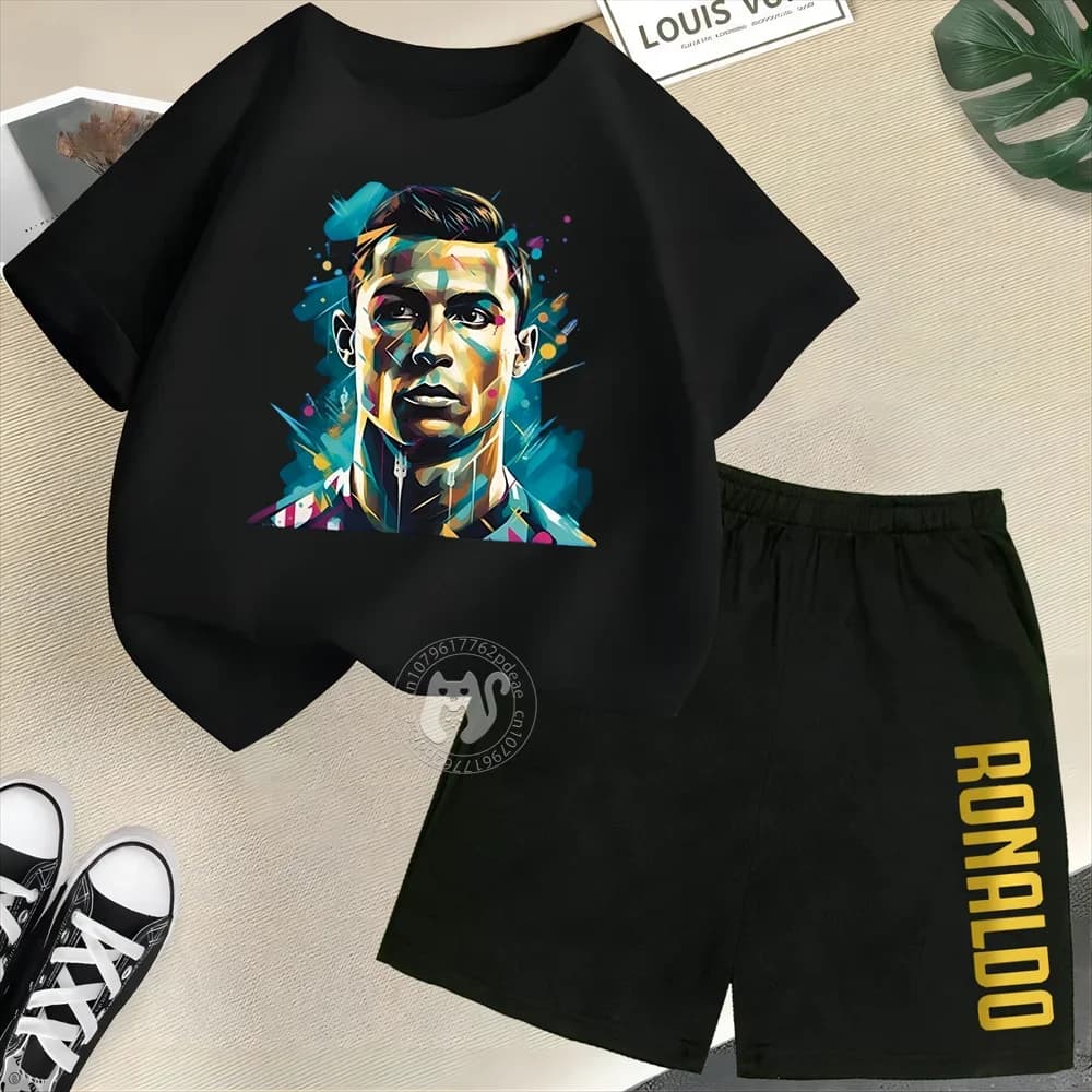 Set estivo per bambini t-shirt a maniche corte in cotone 100% + pantaloncini giocatore di calcio stampa Cristiano Ronaldo ragazzi e ragazze sport all'aria aperta se