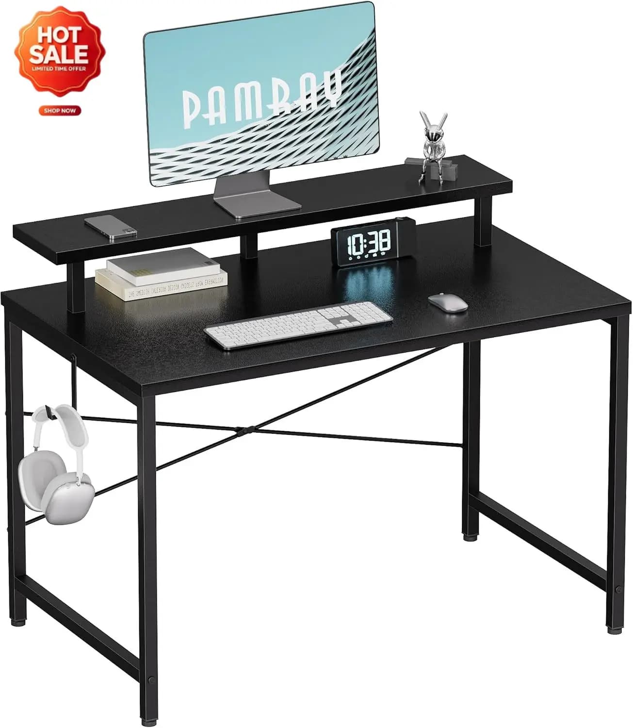 32 Inch Small Computer Desk with Monitor Stand, Simple Office Desk with Headphone Hook for Small Spaces, Kids Study Writing Tabl