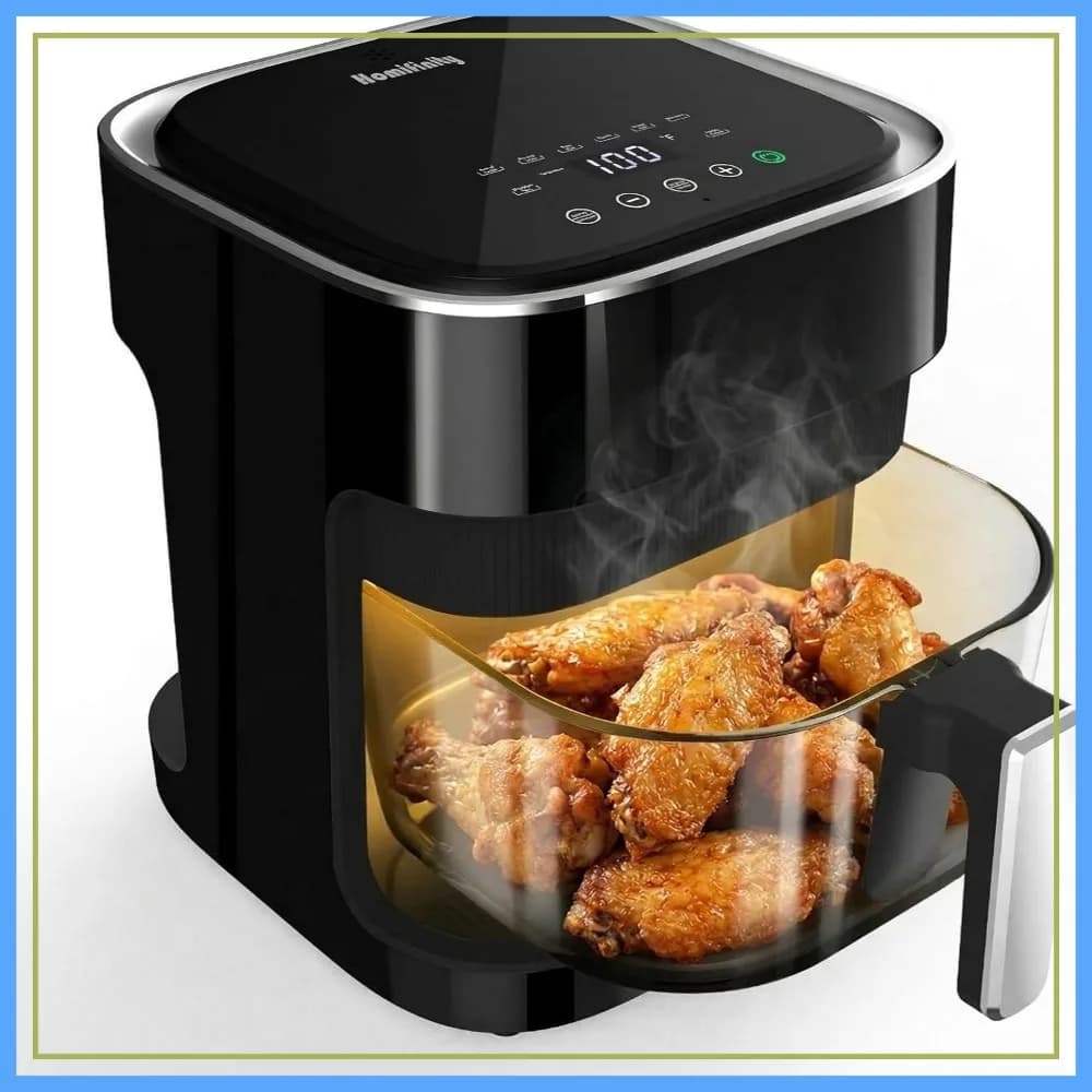 Friggitrice ad aria in vetro da 4,5 litri, cestello in borosilicato, vassoio in acciaio inossidabile, 8 preimpostazioni, nero
