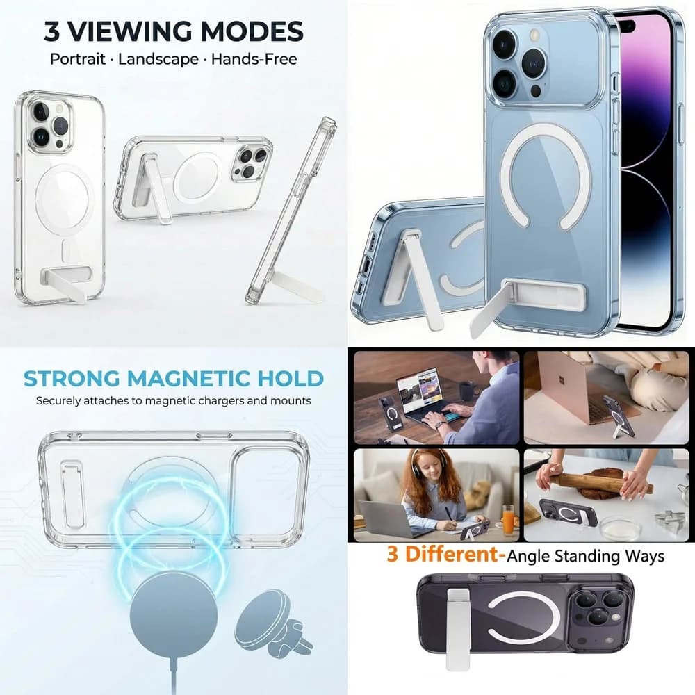 Premium Transparent Magnetic Cover Hidden Kickstand Raised Edges TPU PC for iPhone 16 17 15 14 Plus 13 mini 12 11 Pro Max