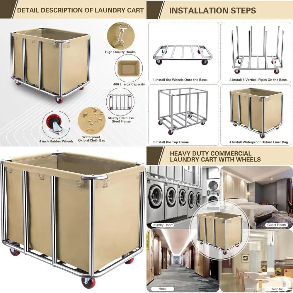 400L Large Industrial Laundry Trolley with Robusto Stainless Steel and Beige Bag for Domestic Use, Hotels and Hospital