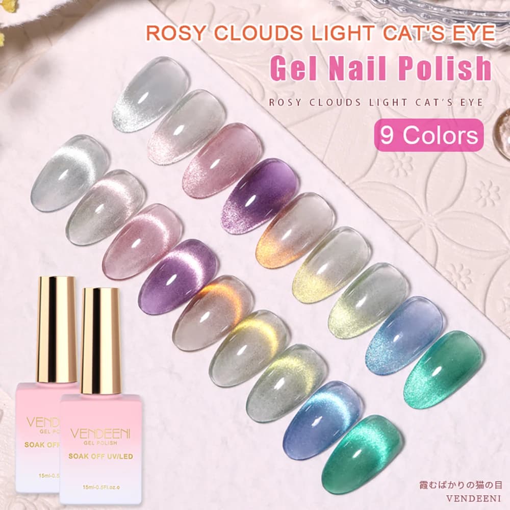 Vendeeni 9 Colors Sunglow Cat Eye Gel Nail Polish Magnetic UV Soak Off Gel Varnish Rosy Clouds Light Cat Eye Gel For Nail Art