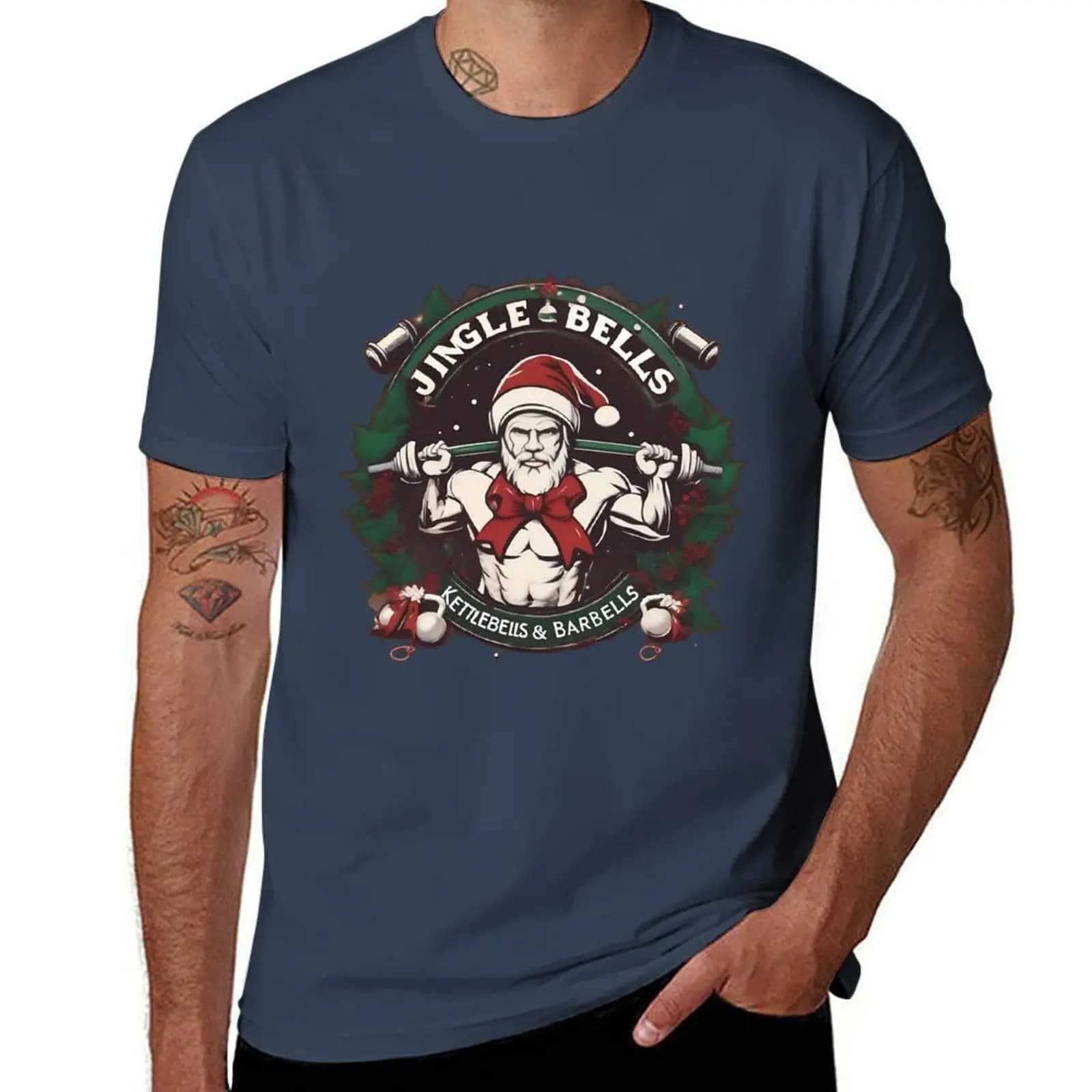 bells, kettlebell, barbells. T-shirt with fashionable print, casual, short sleeved