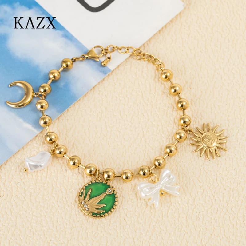 KAZX Elegant Gold Beaded Bracelet Stainless Steel Sun Moon Bow Pearl Charm Adjustable Chain for Daily Wear