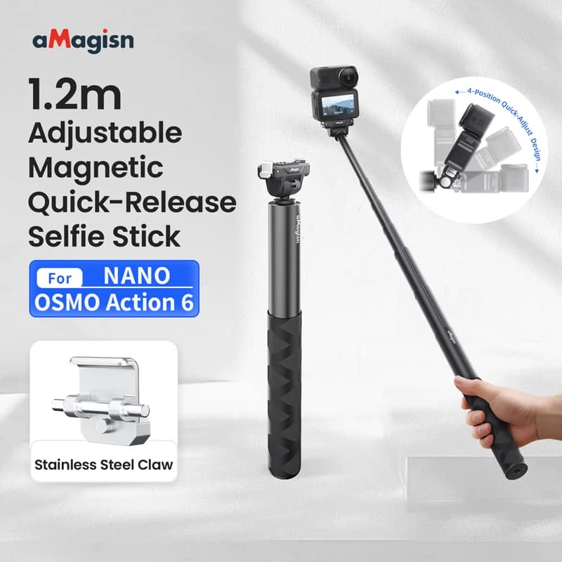 Asta Selfie Magnetica Regolabile da 1,2M con Sgancio Rapido, Palo Telescopico Estensibile per Accessori Fotocamera DJI OSMO NANO Action 6