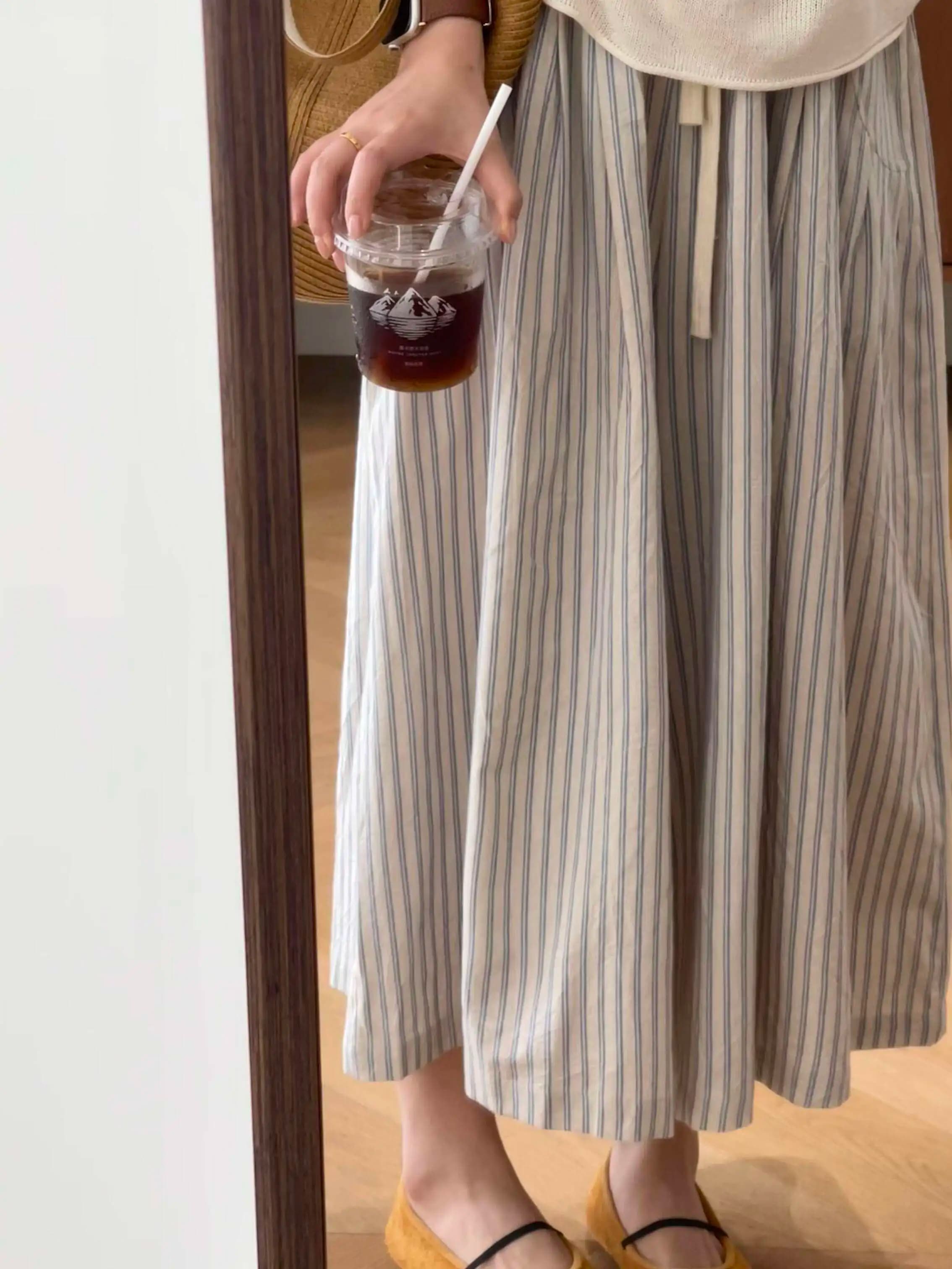 Loose Korean Style Blue Striped Skirt Summer Casual Straight Leg Pants Simple Artistic Half-length Versatile Korean Version