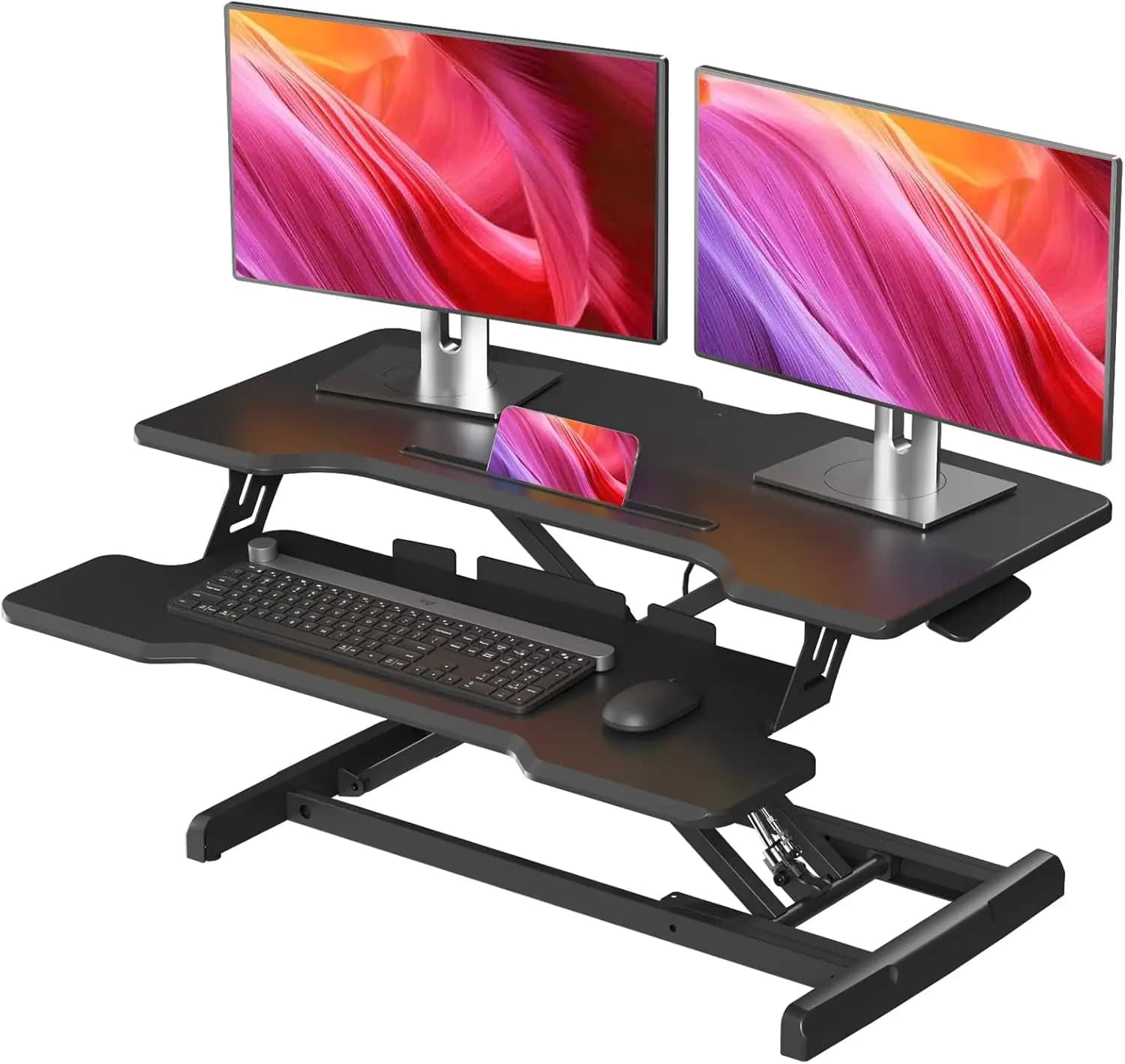 Convertitore per Scrivania Regolabile in Altezza da 32 Pollici, Supporto per Postazione Sit-Stand per Monitor Doppi, Ufficio Domestico con Vassoio per Tastiera, Nero