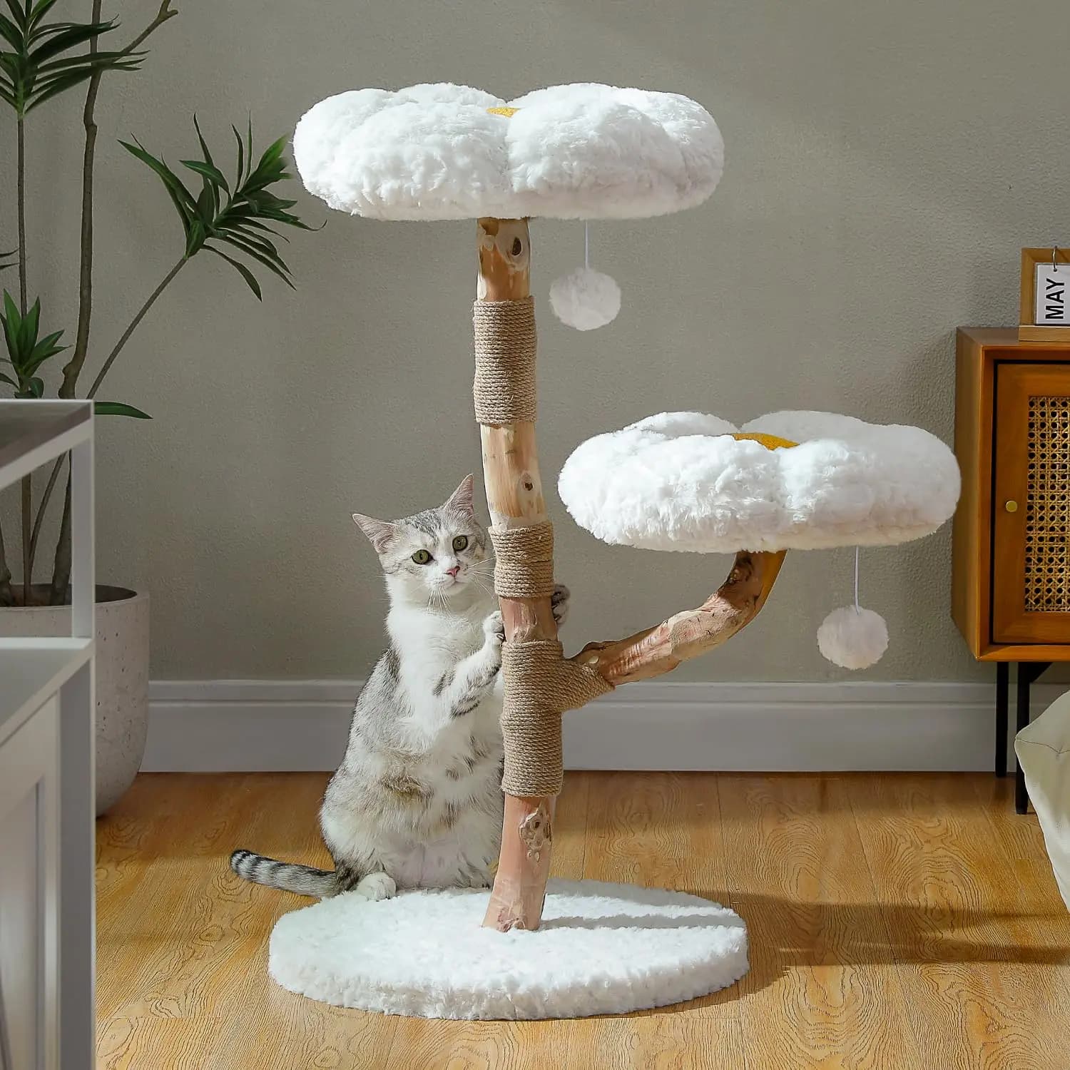 Albero per Gatti in Legno con Fiori, Torre per Gatti Moderna con Rami in Vero Legno, Arredamento Boho di Lusso con Tiragraffi, Personalizzabile