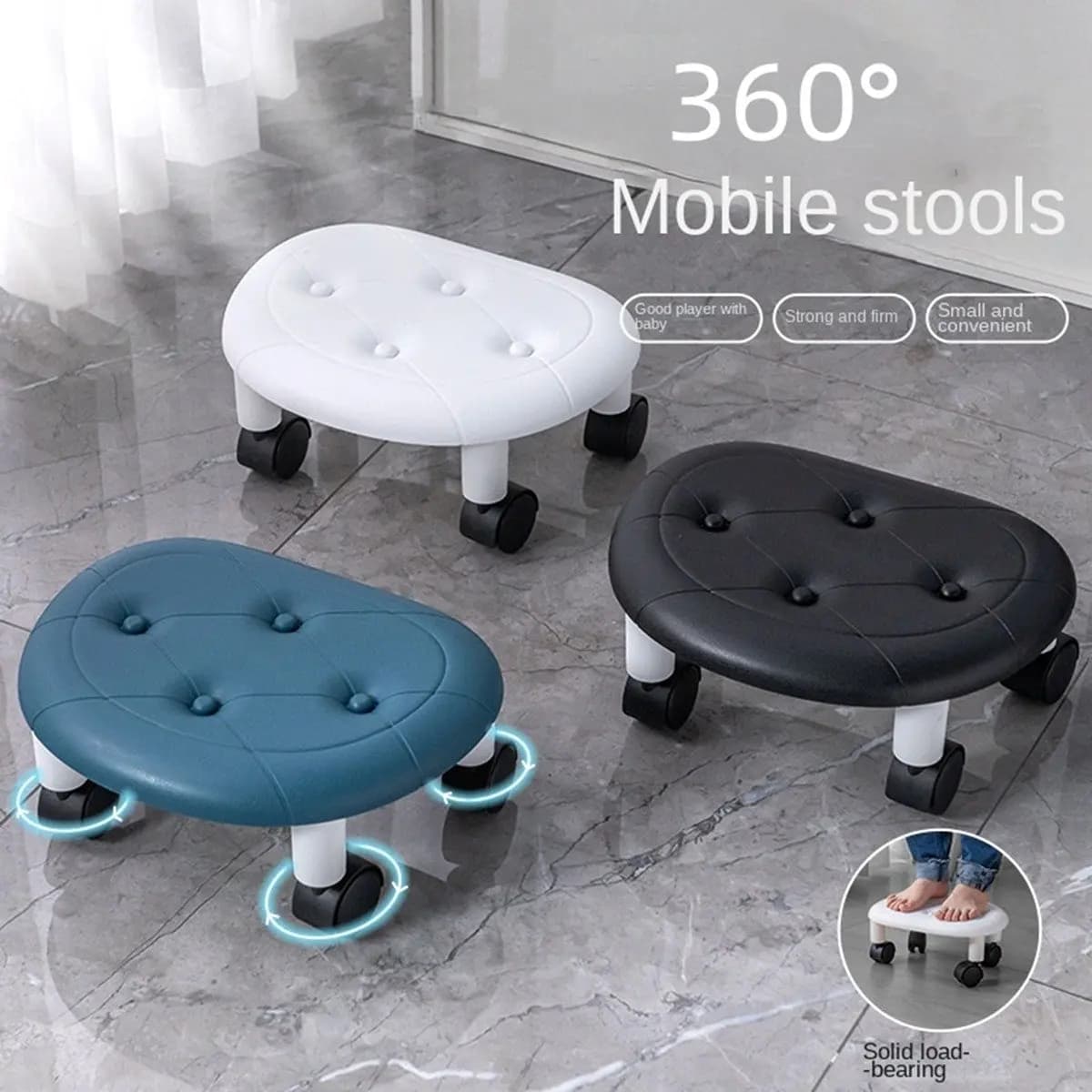 Sgabello Basso AT33 con Rotelle, Cuscino in Spugna Spessa, Sedia per Cambiarsi le Scarpe, Impermeabile, Portatile, Circolare, Blu