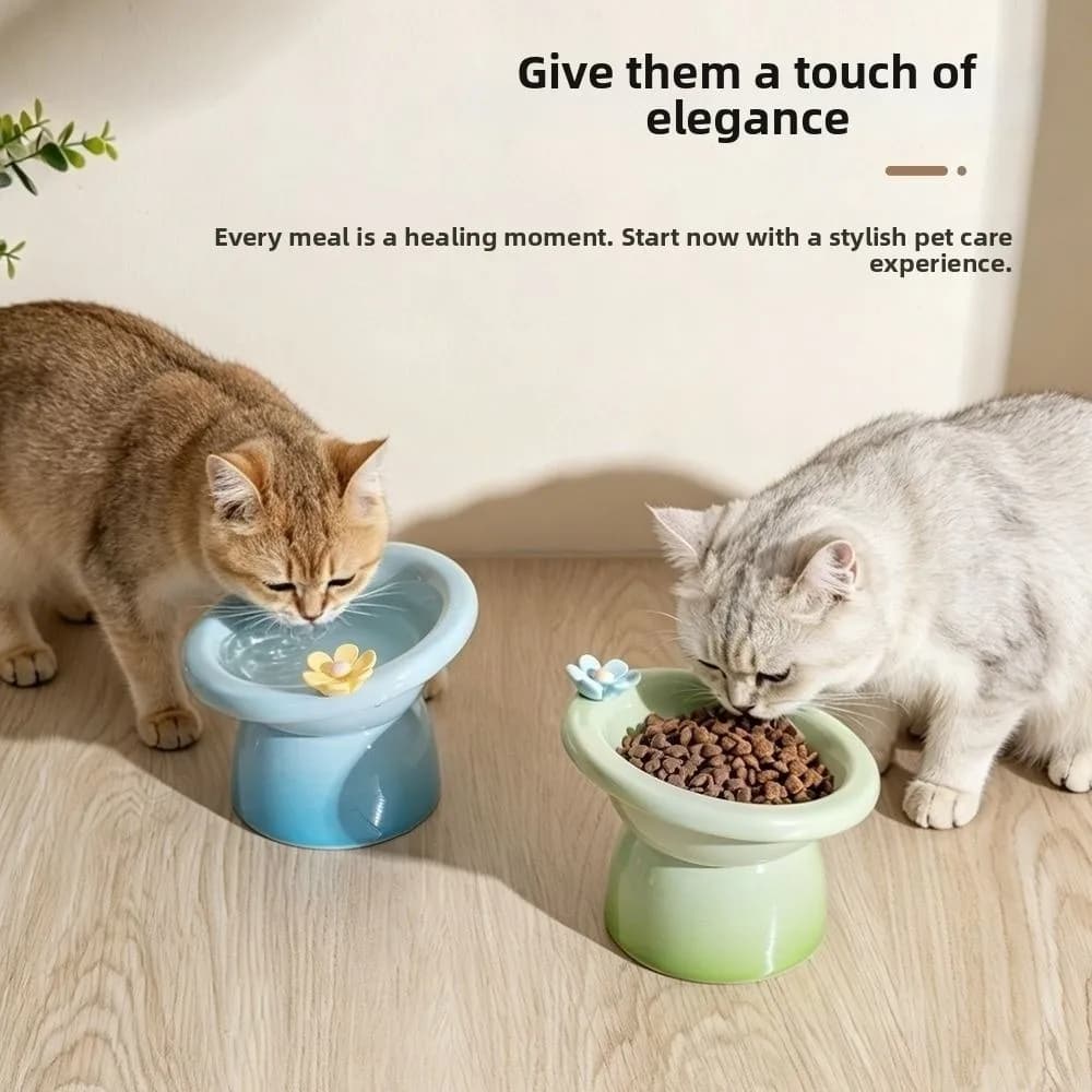 Ceramic Elevated Cat Bowl Cute Flower Pet Food Water Bowl Stable Neck Protection Raised Pet Feeder Pet Supplies