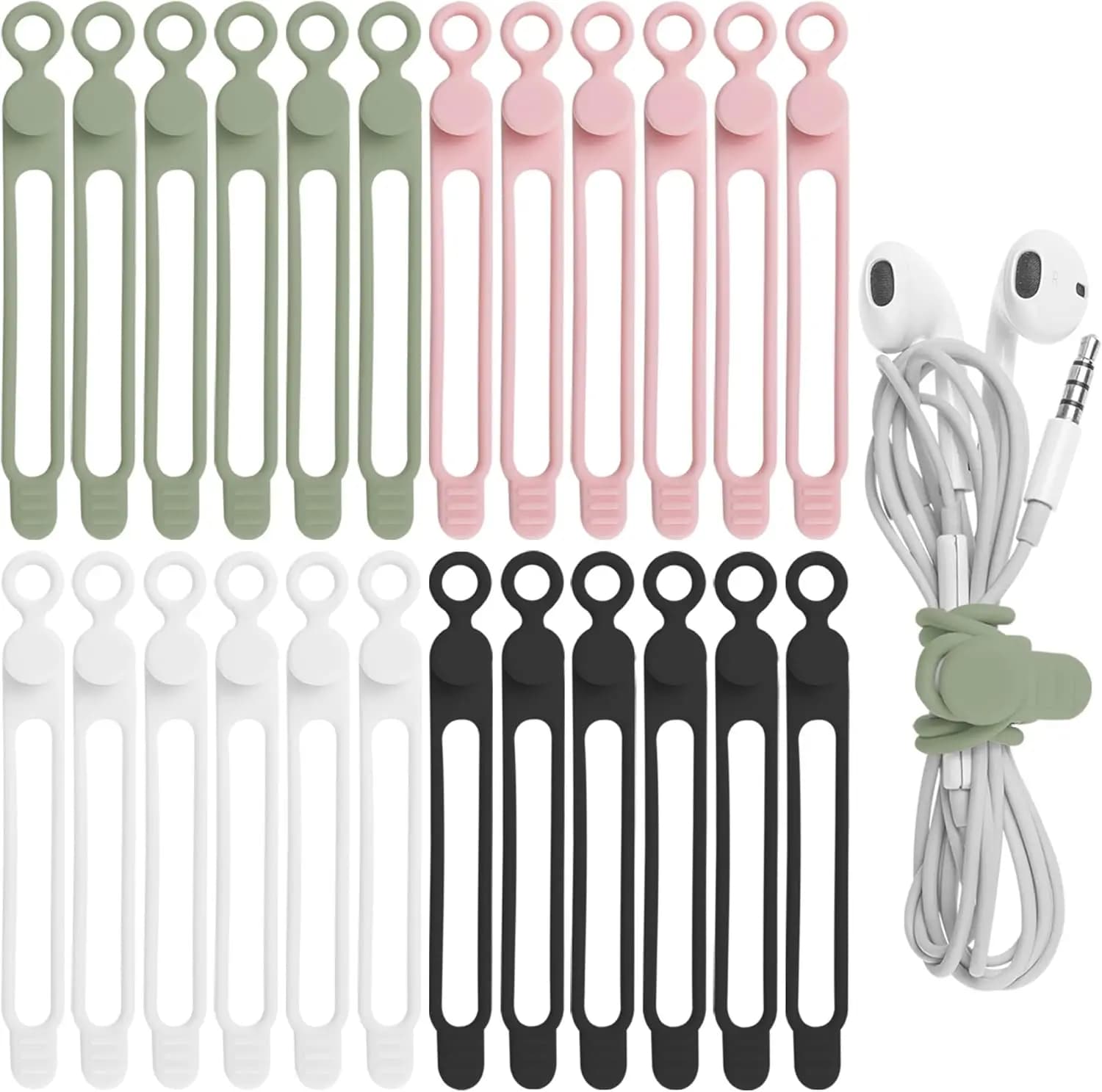 24Pcs Silicone Cable Ties - Reusable Cord Organizer for Earphone, Charger, Computer Cords, 4 Colors