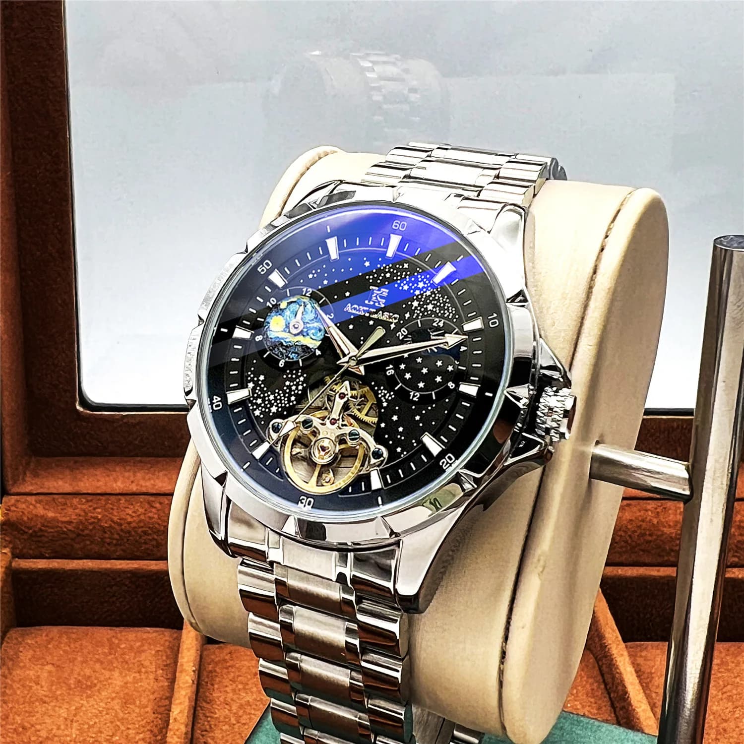 Orologio Automatico da Uomo con Quadrante Completo in Acciaio Inossidabile Effetto Cielo Stellato, Luminoso, Impermeabile, con Cinturino in Acciaio Solido