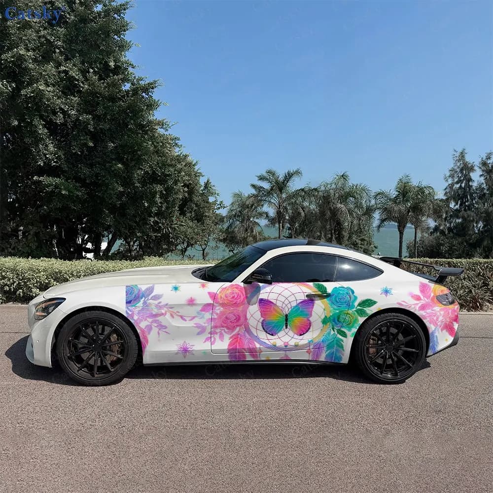 2pcs Dreamcatcher Rainbow Butterfly Car Side Wraps, Self-Adhesive PVC Waterproof & Scratch-Resistant Sticker, Car Accessory Gift