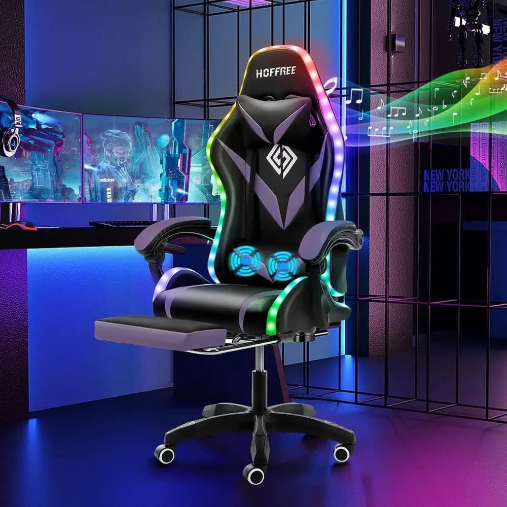 Sedia da Gaming Ergonomica Reclinabile con Altoparlanti, Massaggio, Luci e Poggiapiedi per Adulti in Nero
