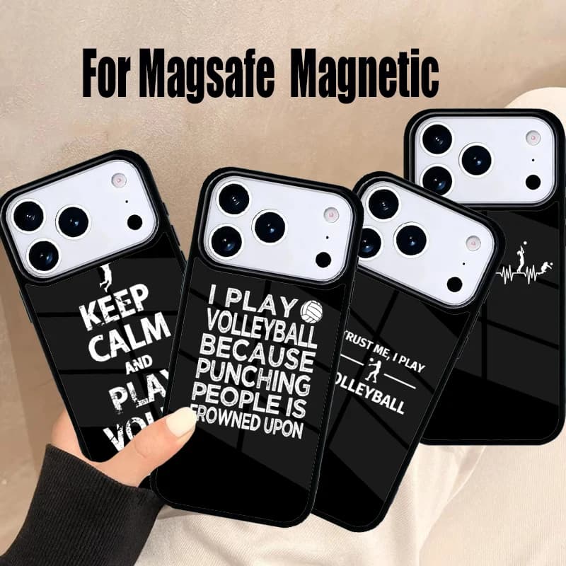 IPhone 17 Air 16e 15 14 13 12 11 Pro Max Plus with design 'Stay Calm and Play Volleyball' and Cover Magnetic Wireless Magsafe