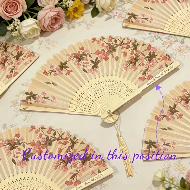Personalized Custom Logo Text, Laser-Engraved Names and Dates, Chinese-Style Peach Blossom Folding Fan, Suitable for Wedding Favors, Photo Props, Gifts for Friends, Summer New Chinese-Style Traditional Props, Dance Fan, Portable