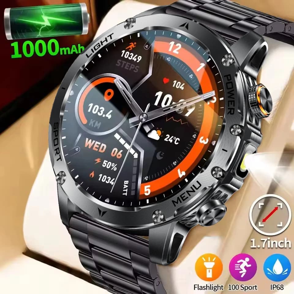 New 1000mah Battery Watch Smart Men Sports Watches Fitness 3ATM LED Flashlight Waterproof BT Call Smartwatch For Android IOS