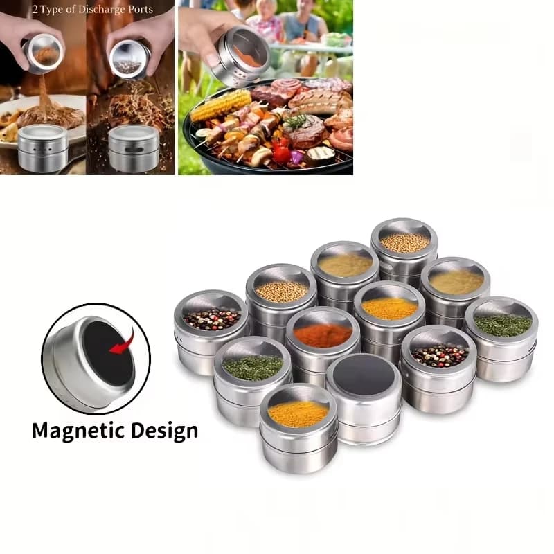 Nuovo set di barattoli per spezie magnetici Barattoli per spezie in acciaio inossidabile Contenitore per spezie Strumenti per spruzzi di condimento al pepe con etichetta per spezie