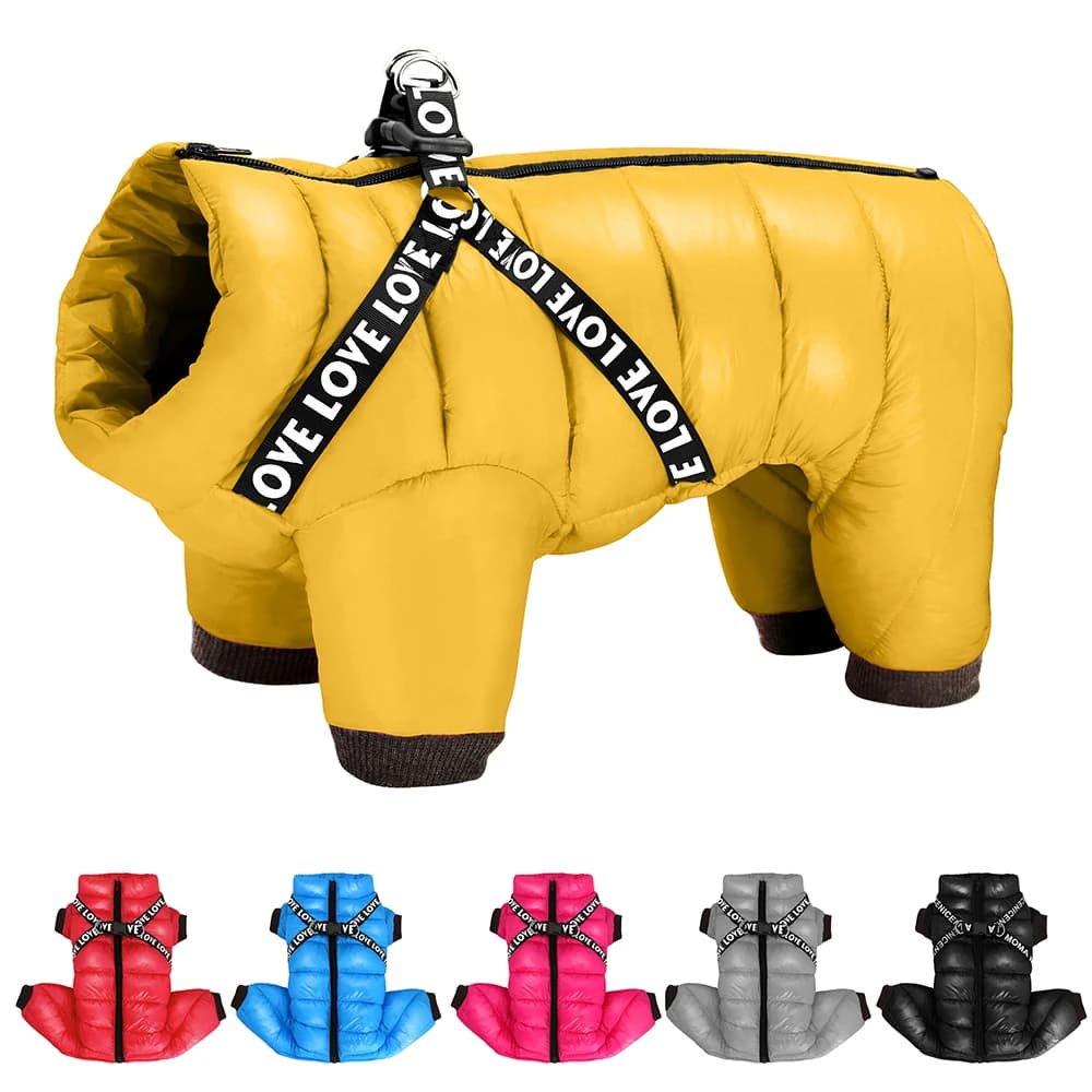 Vestiti per cani super caldi Giacca invernale per cani da compagnia Cappotto con imbracatura Abbigliamento impermeabile per cuccioli Felpe con cappuccio per cani di piccola taglia media