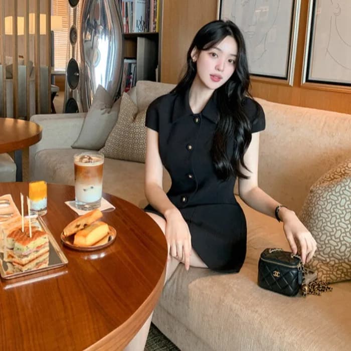 Korean Style Slimming Black Dress High Waist Flared Collar Versatile Women's Dress Summer Casual Short Sleeve Universal Fit