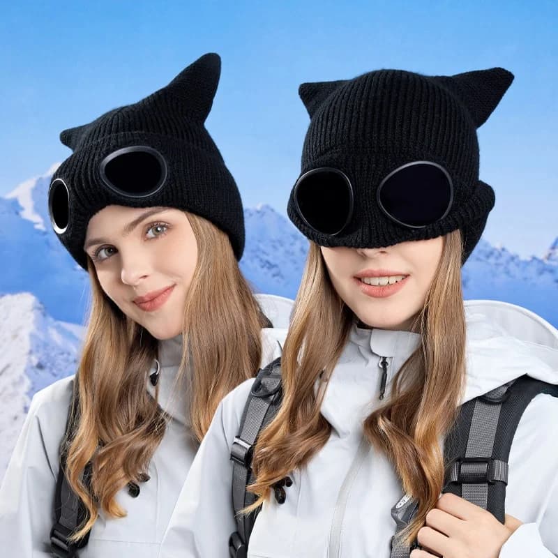 Cappello invernale con occhiali protettivi antivento per donna Cappello lavorato a maglia con orecchie di gatto carino alla moda Berretto da sci da esterno