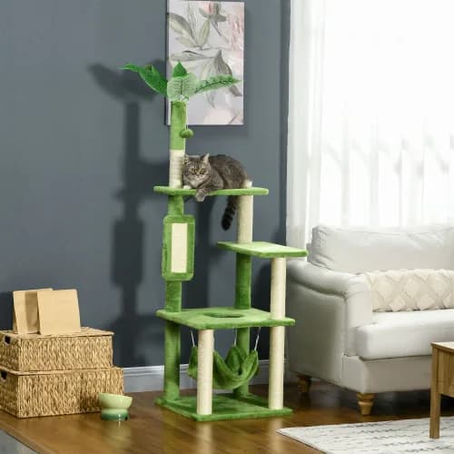 Albero per gatti da interno verde con amaca, torre per gatti con colonna antigraffio, piattaforma, palla, mobili per gatti da interno.