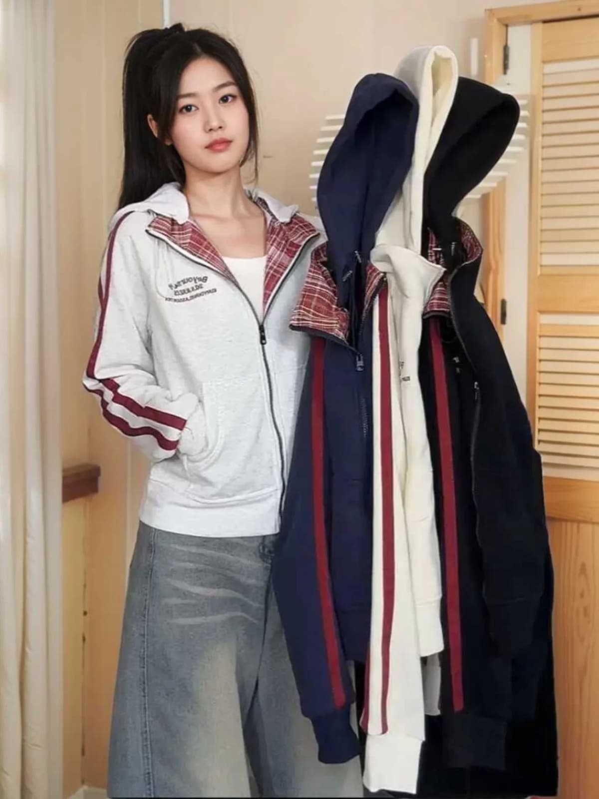 Retro American Splicing Color Block Plaid Hoodie Women's Loose Zipper Jacket Trendy Autumn 2024 Korean Style Long Sleeve