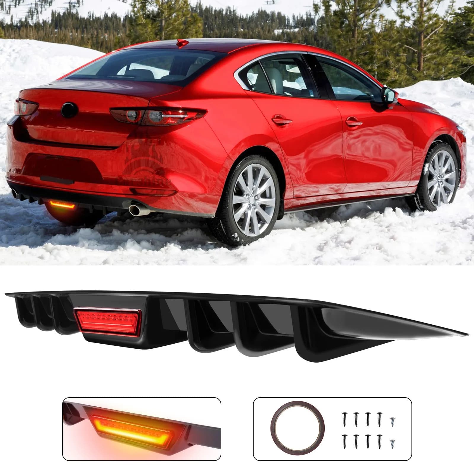For Mazda 3 6 Sedan Axela Glossy Rear Bumper Diffuser Splitter w/LED Brake Light